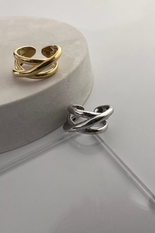 画像3: ▶︎ ステンレス クロストリプルラインリング/ゴールド (3)