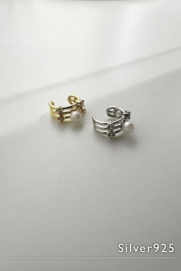 画像1: SILVER925 ランダムビジュー&パールスリーラインイヤーカフ (1)