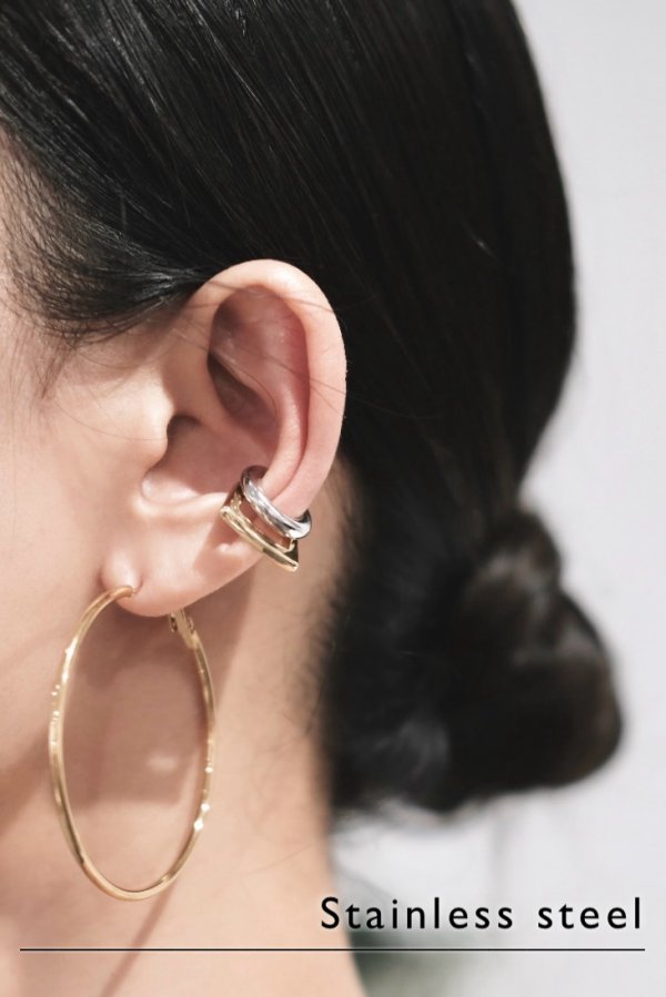 画像2: ステンレス スクエア＆ラウンドレイヤーイヤーカフ(右) /シルバー×ゴールド (2)