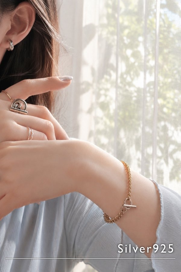 画像1: 【20%OFF】SIlVER925 5mm幅キヘイTバーブレスレット /ゴールド×シルバー (1)